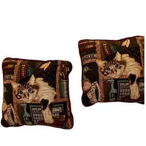 Vintage Tapestry Cat Feline Library Decorative Pillow 11" set of two‎